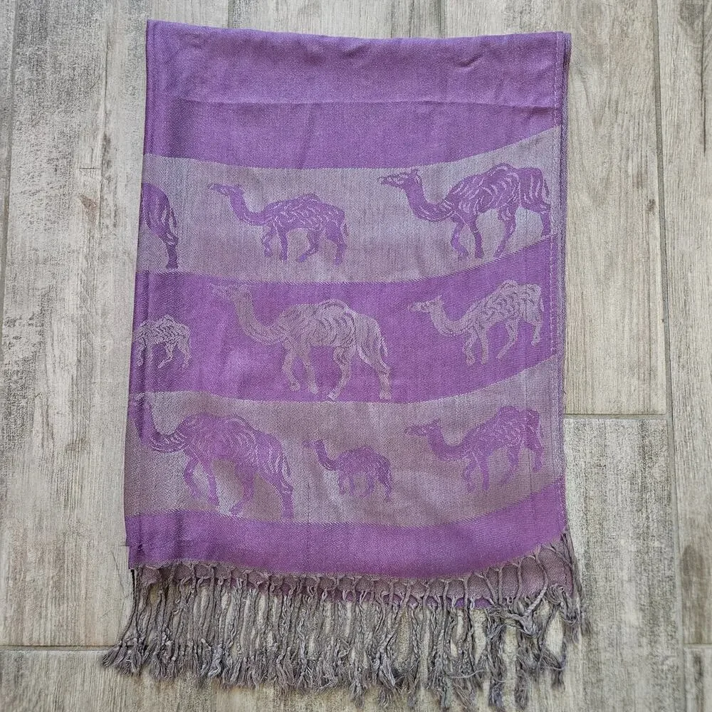 Golden Sky 100% Cashmere Scarf Purple Grey Camel‎ Print Shawl Wrap Winter Fall
